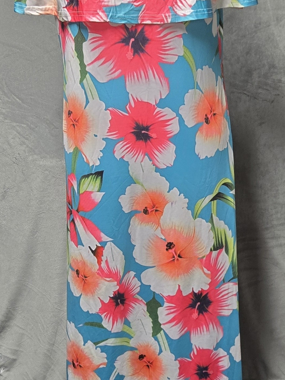 Floral Maxi Strapless Dress in Turquoise with Coral Bloom